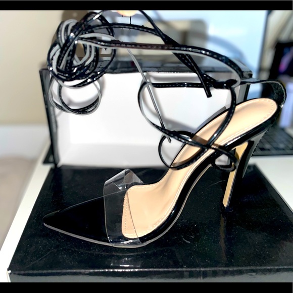 PrettyLittleThing Shoes - Black clear strap point toe heel